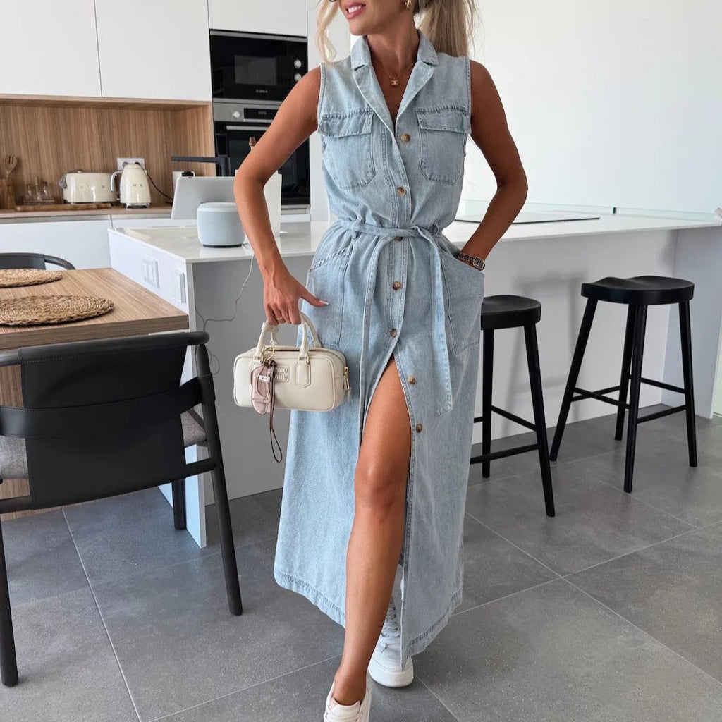 Sleeveless Long Tie Waist Single - breasted Denim Dress - LADYLINE X