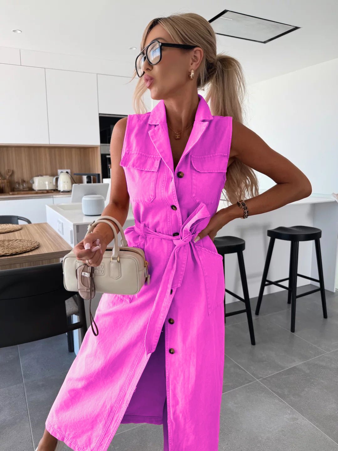 Sleeveless Long Tie Waist Single - breasted Denim Dress - LADYLINE X