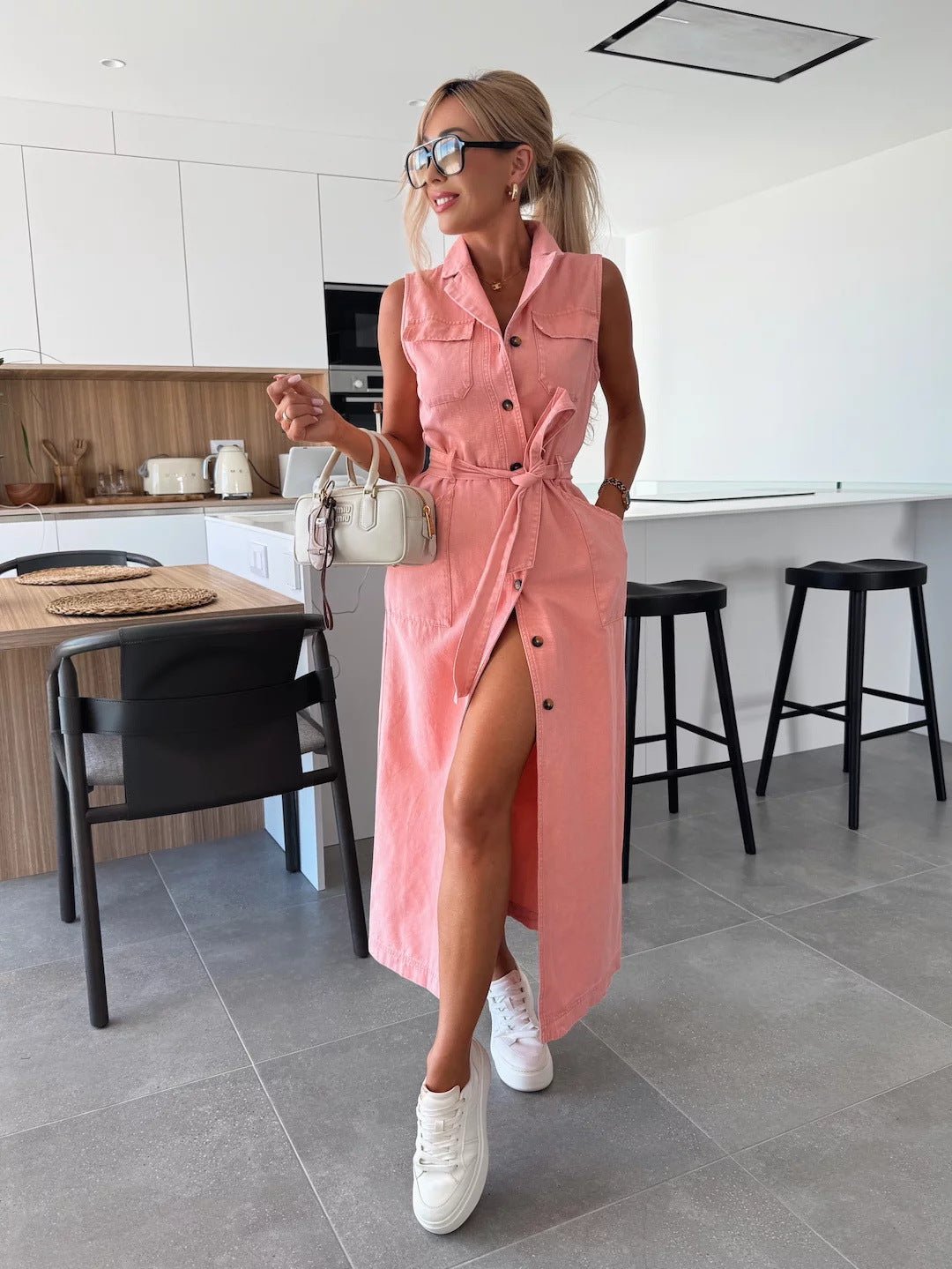 Sleeveless Long Tie Waist Single - breasted Denim Dress - LADYLINE X