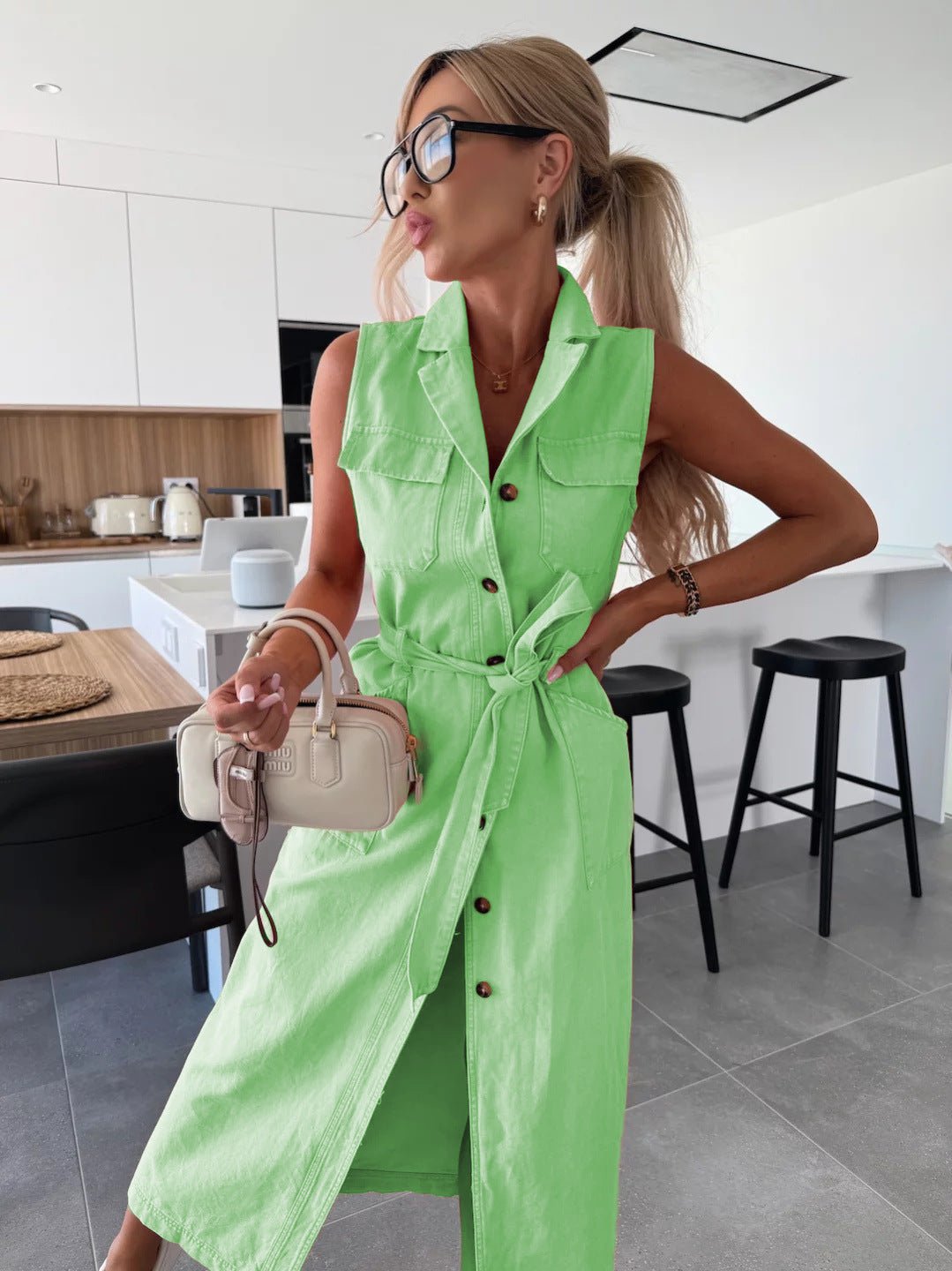 Sleeveless Long Tie Waist Single - breasted Denim Dress - LADYLINE X