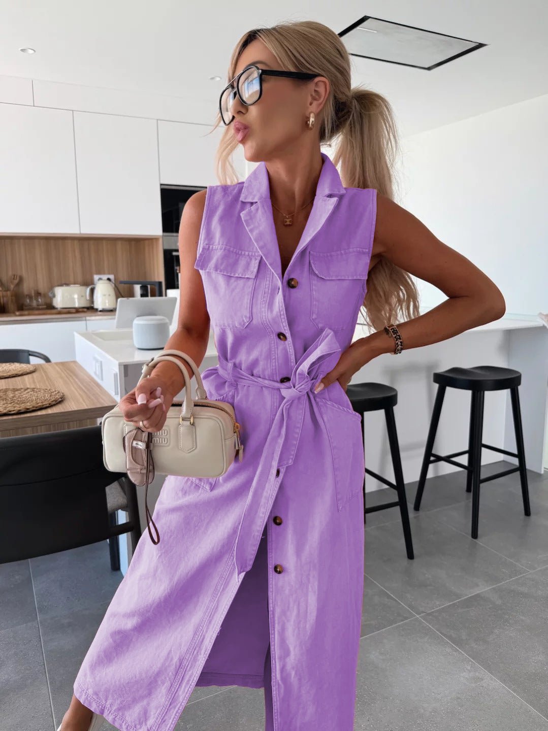 Sleeveless Long Tie Waist Single - breasted Denim Dress - LADYLINE X