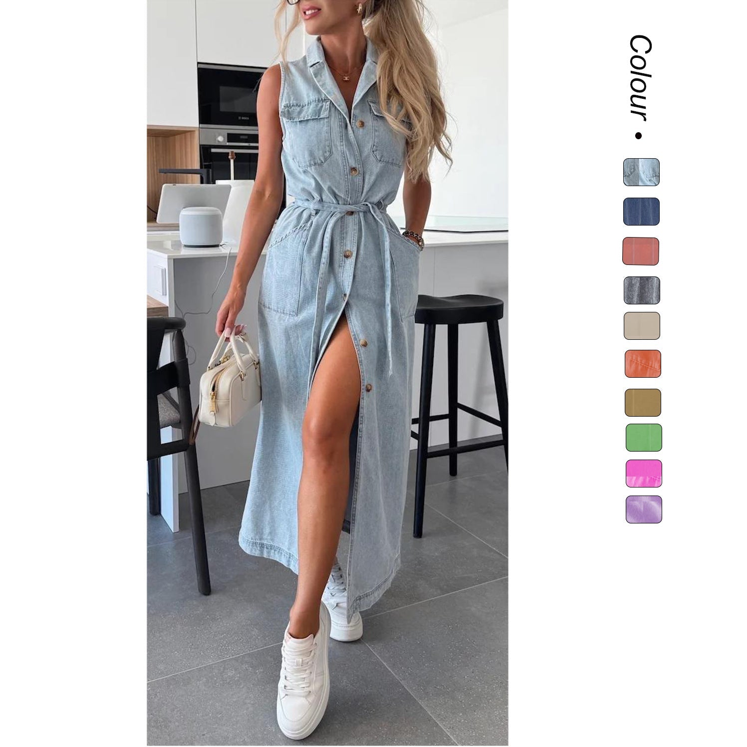 Sleeveless Long Tie Waist Single - breasted Denim Dress - LADYLINE X