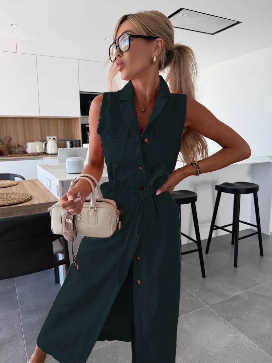 Sleeveless Long Tie Waist Single - breasted Denim Dress - LADYLINE X