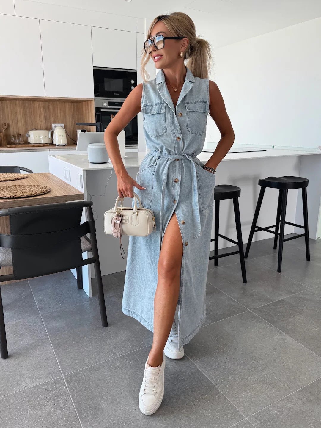 Sleeveless Long Tie Waist Single - breasted Denim Dress - LADYLINE X