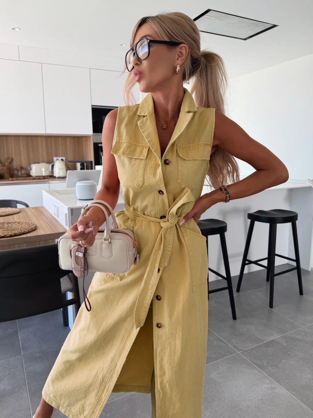 Sleeveless Long Tie Waist Single - breasted Denim Dress - LADYLINE X