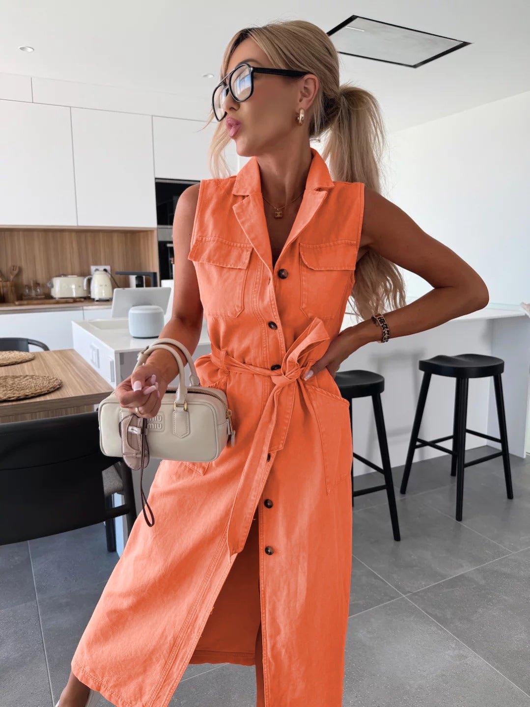 Sleeveless Long Tie Waist Single - breasted Denim Dress - LADYLINE X