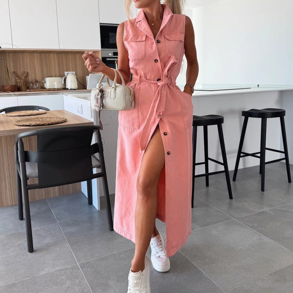 Sleeveless Long Tie Waist Single - breasted Denim Dress - LADYLINE X