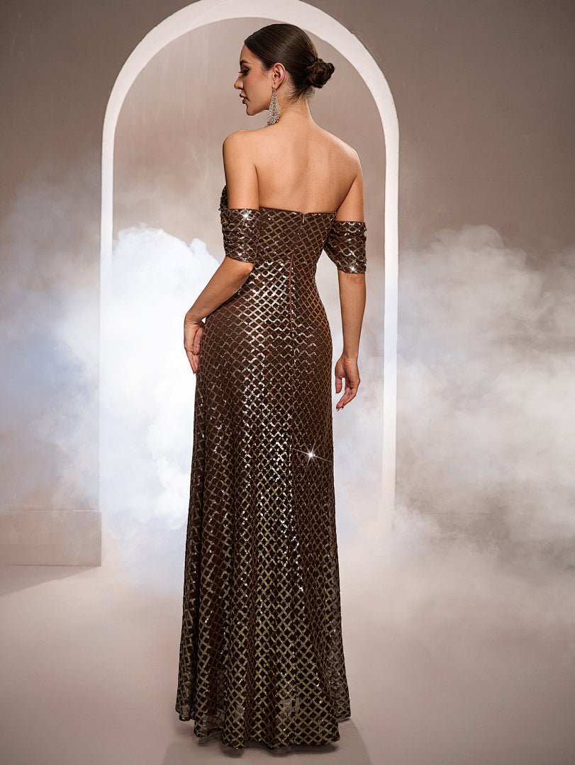 Sleeveless Off - the - shoulder Bodycon Sequined A - line Evening Gown - LADYLINE X