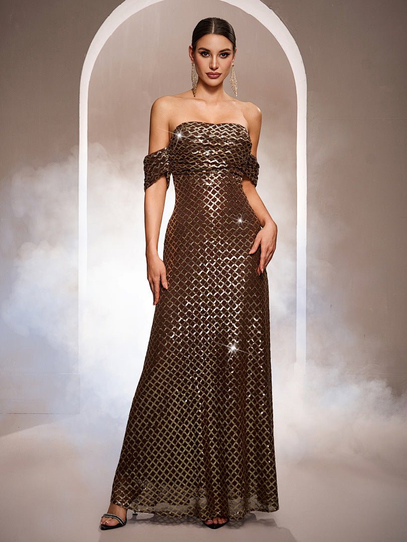 Sleeveless Off - the - shoulder Bodycon Sequined A - line Evening Gown - LADYLINE X