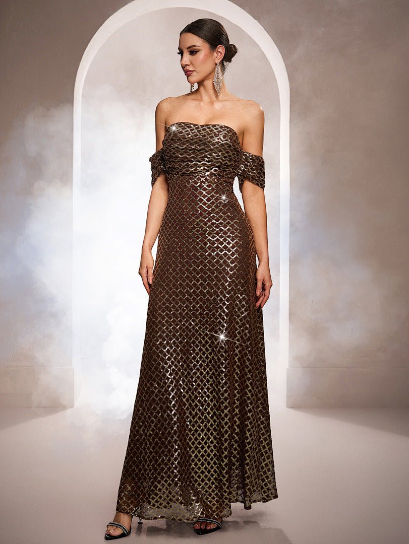 Sleeveless Off - the - shoulder Bodycon Sequined A - line Evening Gown - LADYLINE X