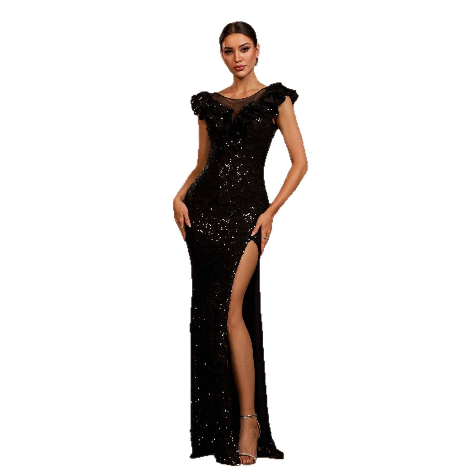Sleeveless Round Neck Sequins Slim Fit Slit Evening Gown - LADYLINE X