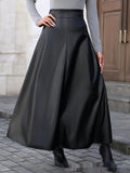 Slimming Hip - covering Mid - length A - line PU Leather Skirt With A Flared Hem - LADYLINE X