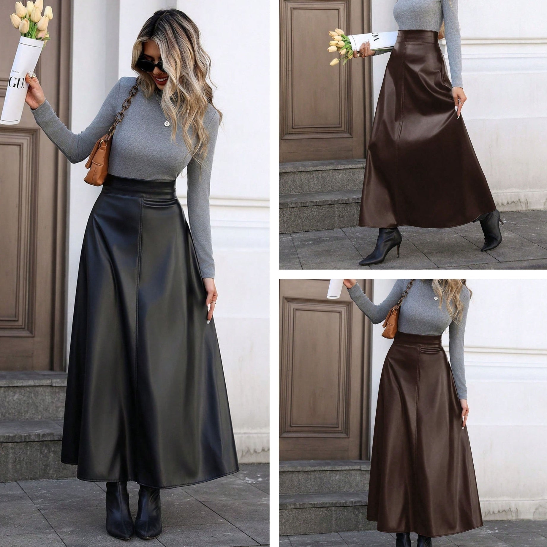 Slimming Hip - covering Mid - length A - line PU Leather Skirt With A Flared Hem - LADYLINE X