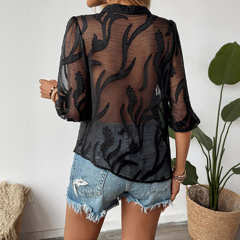 Solid - color Jacquard Pullover Shirt With A Lace - panel Stand - up Collar - LADYLINE X