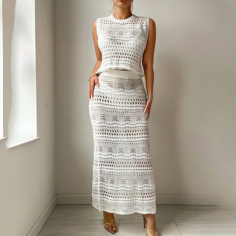 Solid - color Knitted Beach Skirt And Bikini Cover - up Set - LADYLINE X