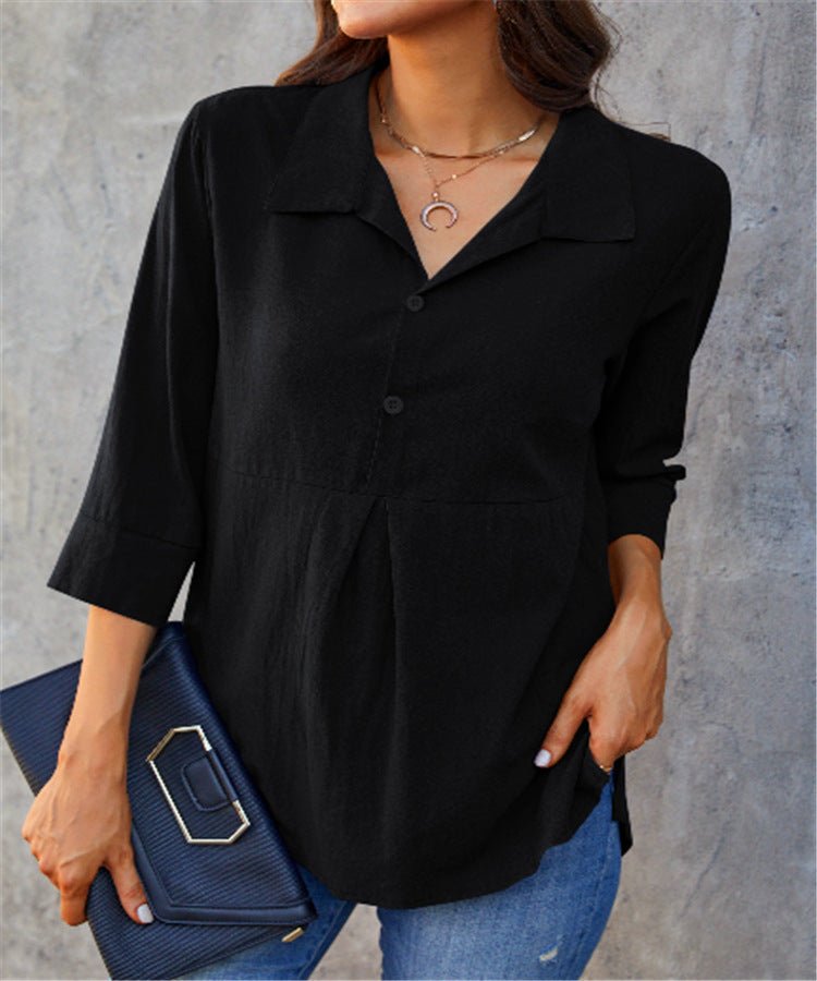 Solid - color Lapel - neck Slit Peplum Three - quarter - sleeve Womens Shirt - LADYLINE X