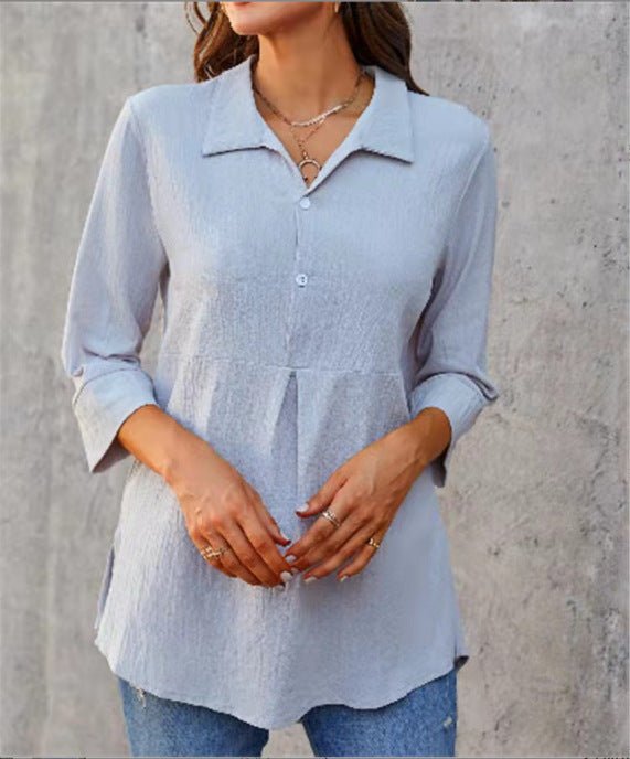 Solid - color Lapel - neck Slit Peplum Three - quarter - sleeve Womens Shirt - LADYLINE X