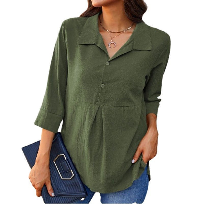 Solid - color Lapel - neck Slit Peplum Three - quarter - sleeve Womens Shirt - LADYLINE X