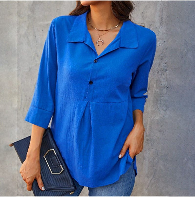 Solid - color Lapel - neck Slit Peplum Three - quarter - sleeve Womens Shirt - LADYLINE X