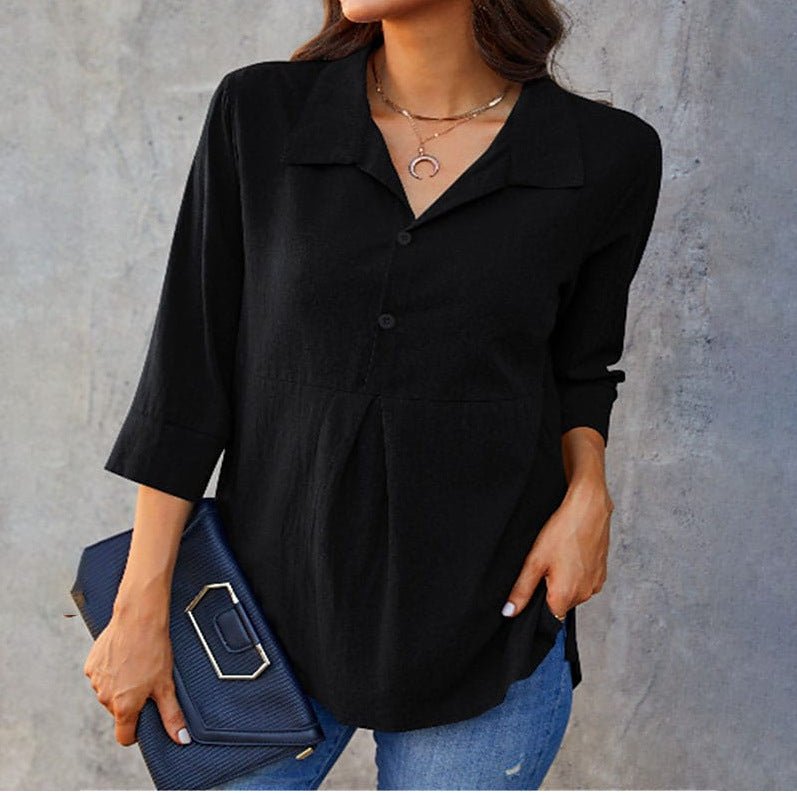 Solid - color Lapel - neck Slit Peplum Three - quarter - sleeve Womens Shirt - LADYLINE X