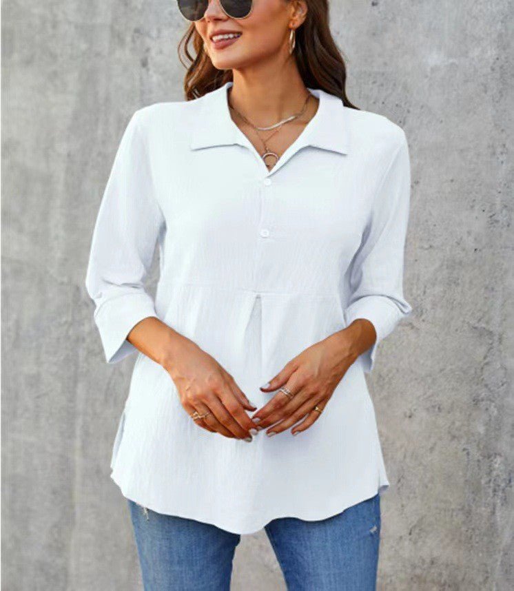 Solid - color Lapel - neck Slit Peplum Three - quarter - sleeve Womens Shirt - LADYLINE X