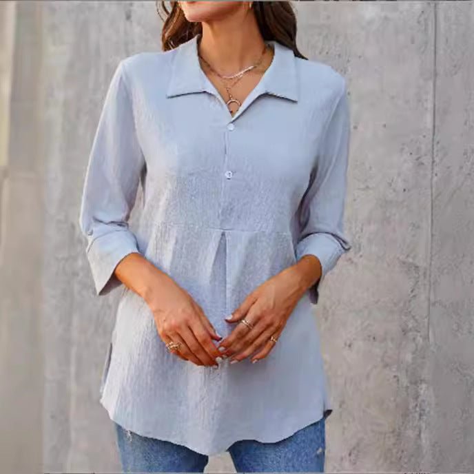 Solid - color Lapel - neck Slit Peplum Three - quarter - sleeve Womens Shirt - LADYLINE X