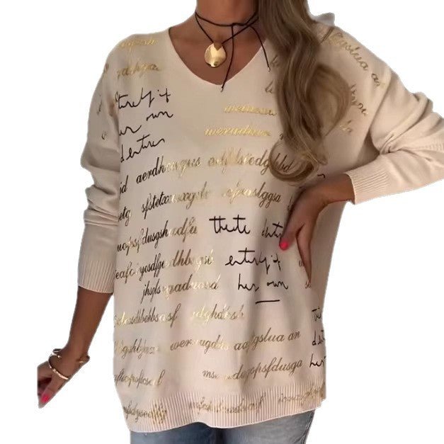 Solid - color Printed Letter Long - sleeve Top For Women - LADYLINE X