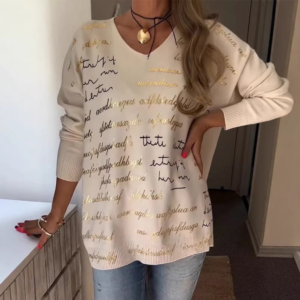 Solid - color Printed Letter Long - sleeve Top For Women - LADYLINE X