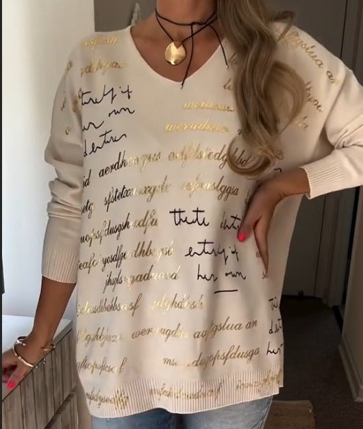 Solid - color Printed Letter Long - sleeve Top For Women - LADYLINE X