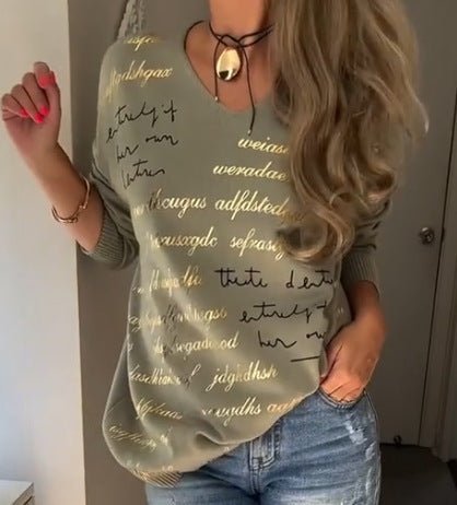 Solid - color Printed Letter Long - sleeve Top For Women - LADYLINE X