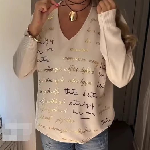Solid - color Printed Letter Long - sleeve Top For Women - LADYLINE X