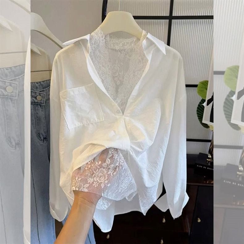 Sophisticated Versatile White Lace - panelled Blouse - LADYLINE X