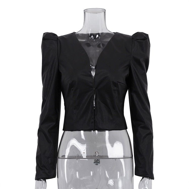 Stylish Black V - Neck Patchwork PU Leather Shirt - LADYLINE X