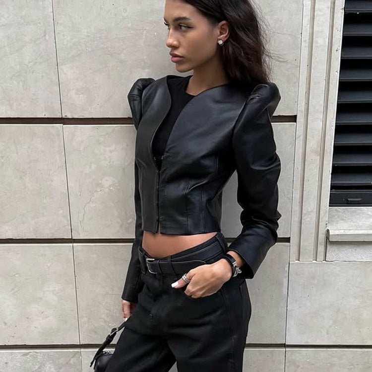 Stylish Black V - Neck Patchwork PU Leather Shirt - LADYLINE X