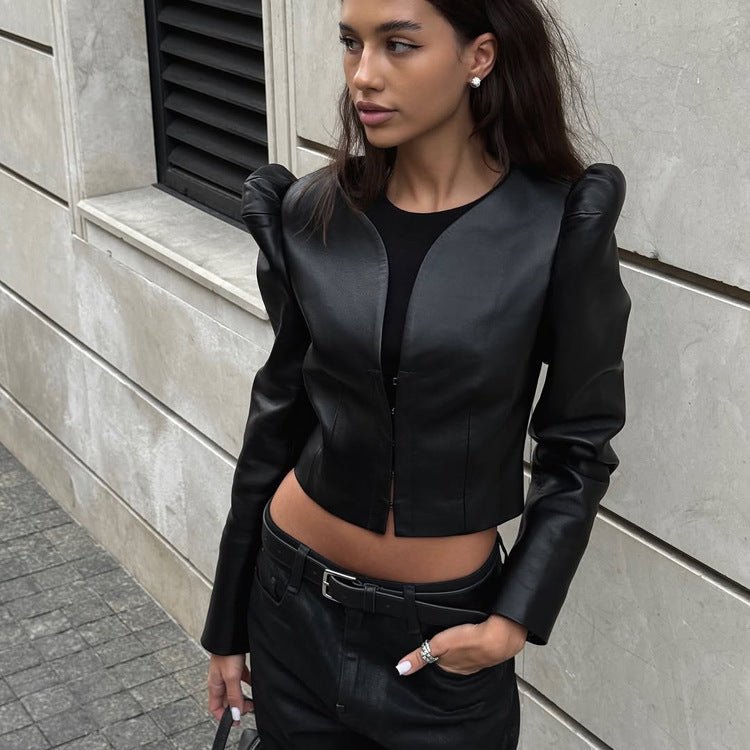 Stylish Black V - Neck Patchwork PU Leather Shirt - LADYLINE X