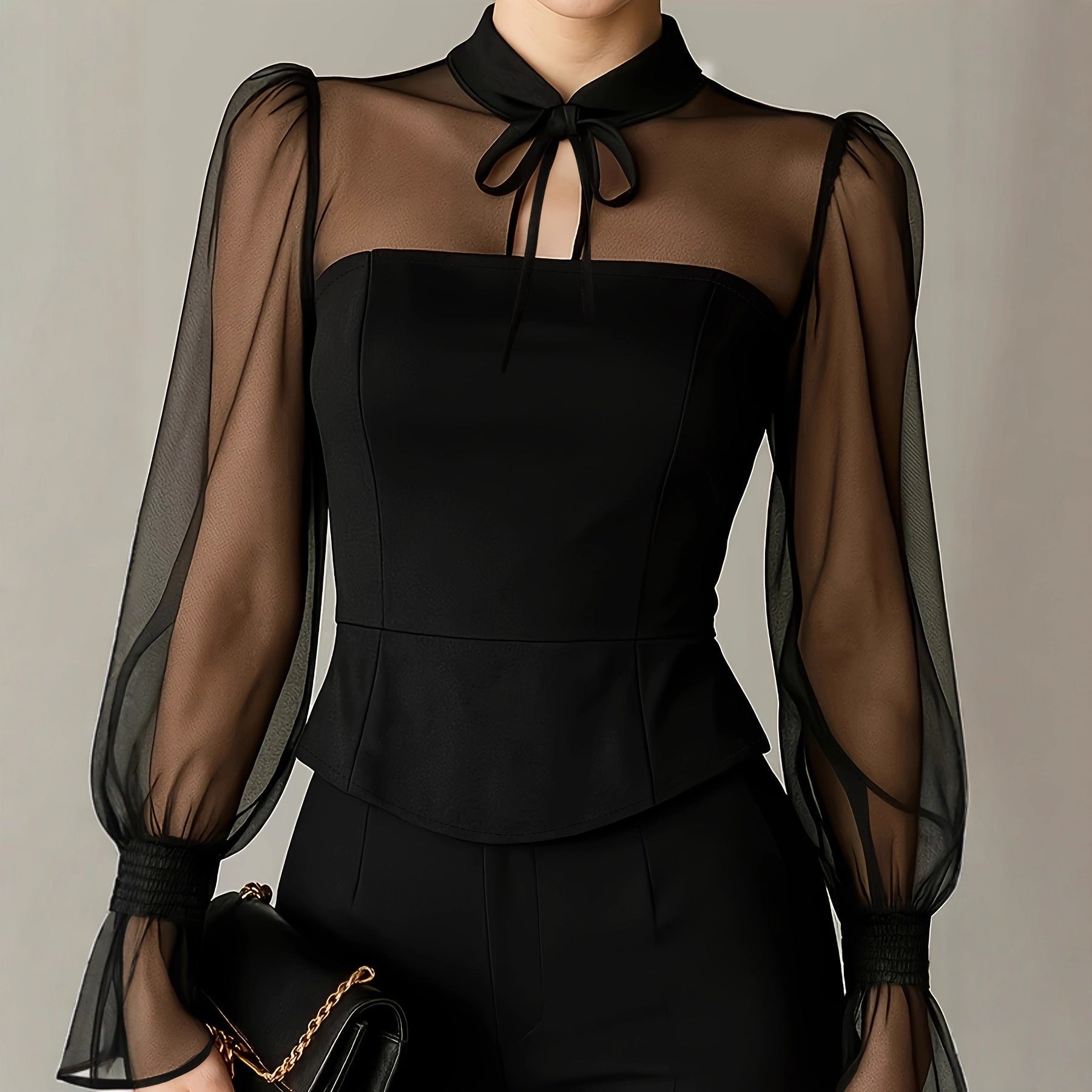 Stylish New Womens Blouse With An Elegant Puff - sleeve Neckline And Tie Detailing - LADYLINE X