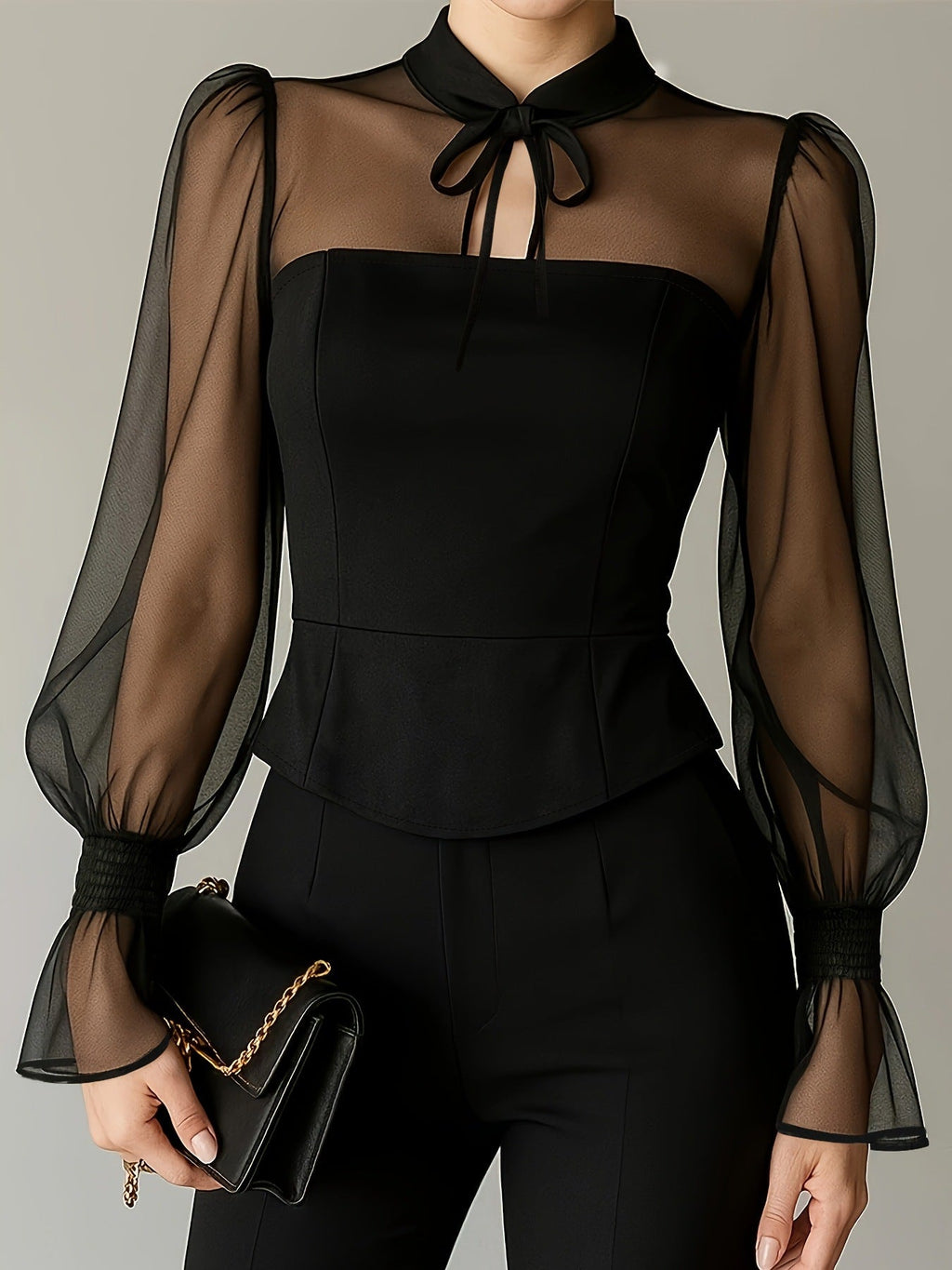 Stylish New Womens Blouse With An Elegant Puff - sleeve Neckline And Tie Detailing - LADYLINE X