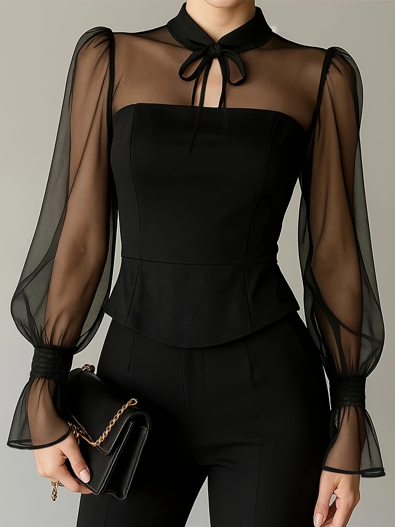 Stylish New Womens Blouse With An Elegant Puff - sleeve Neckline And Tie Detailing - LADYLINE X