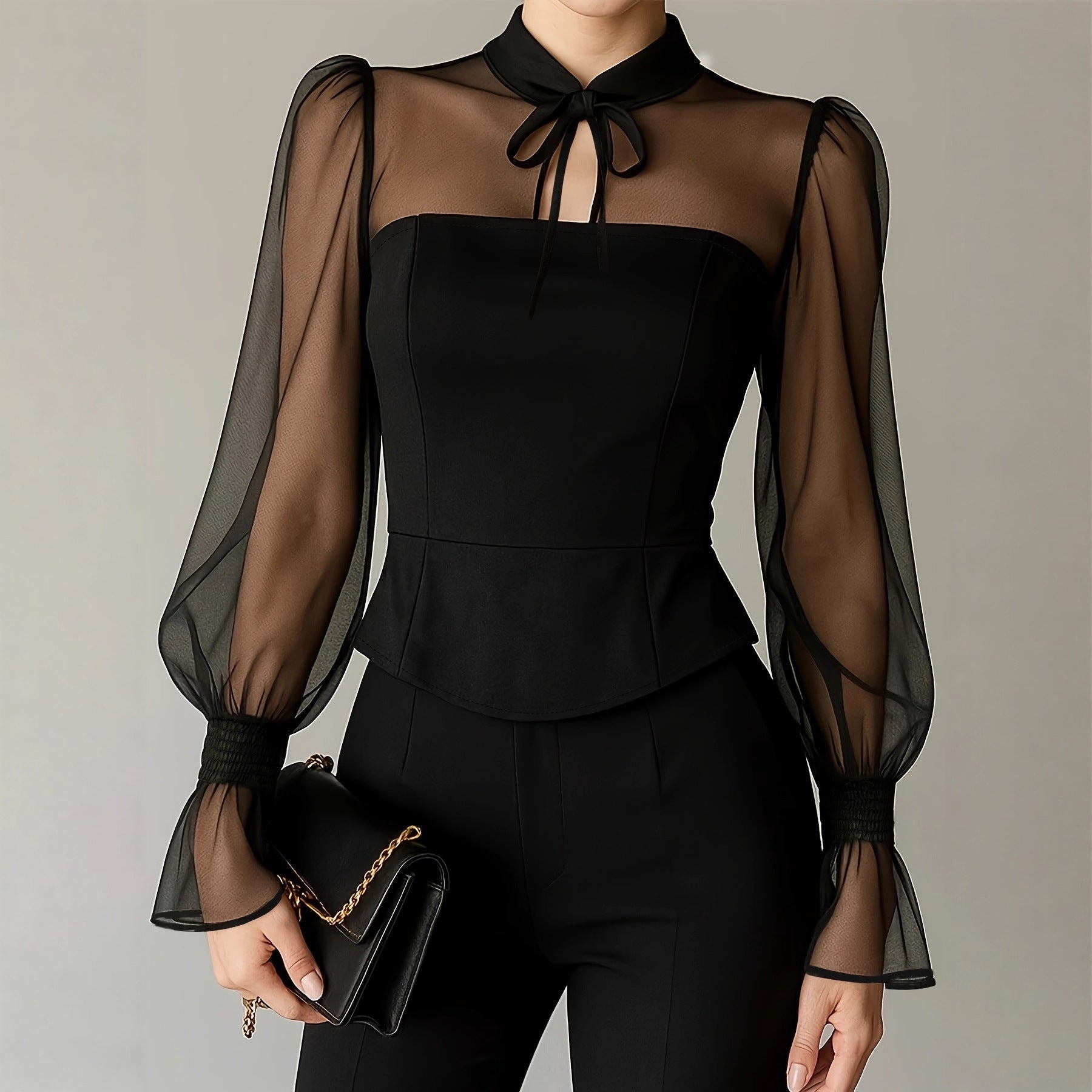 Stylish New Womens Blouse With An Elegant Puff - sleeve Neckline And Tie Detailing - LADYLINE X