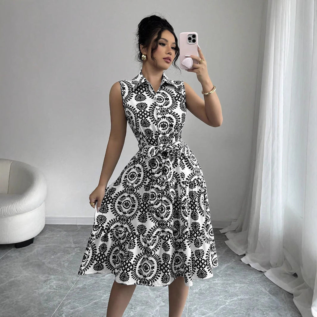 Stylish Printed Sleeveless Lace - Up Waist - Cinching Dress - LADYLINE X