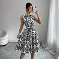Stylish Printed Sleeveless Lace - Up Waist - Cinching Dress - LADYLINE X