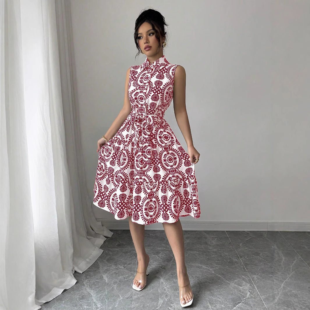 Stylish Printed Sleeveless Lace - Up Waist - Cinching Dress - LADYLINE X