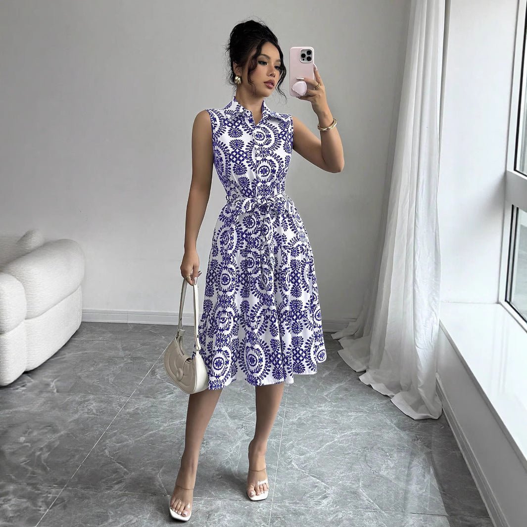 Stylish Printed Sleeveless Lace - Up Waist - Cinching Dress - LADYLINE X