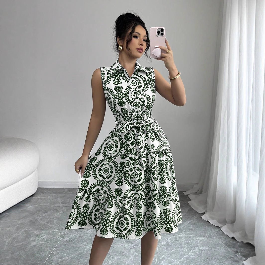 Stylish Printed Sleeveless Lace - Up Waist - Cinching Dress - LADYLINE X