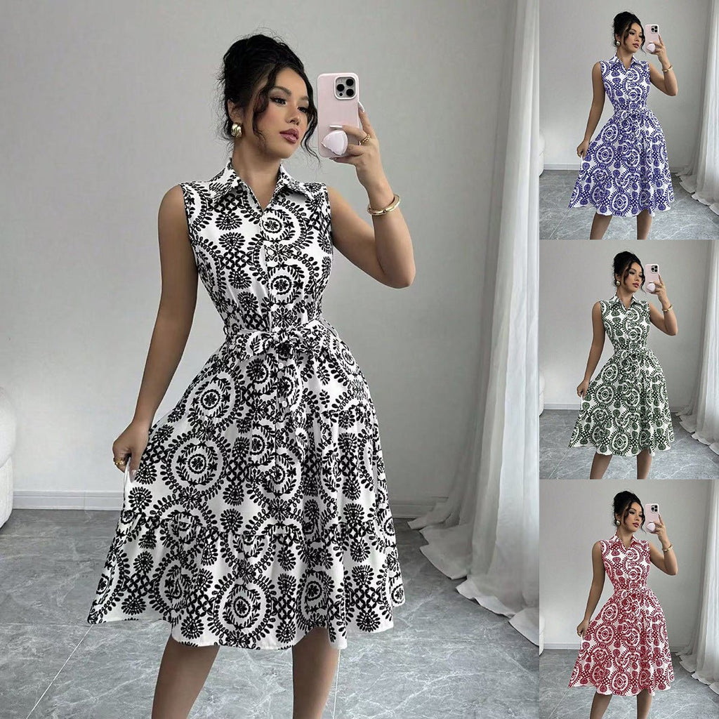 Stylish Printed Sleeveless Lace - Up Waist - Cinching Dress - LADYLINE X