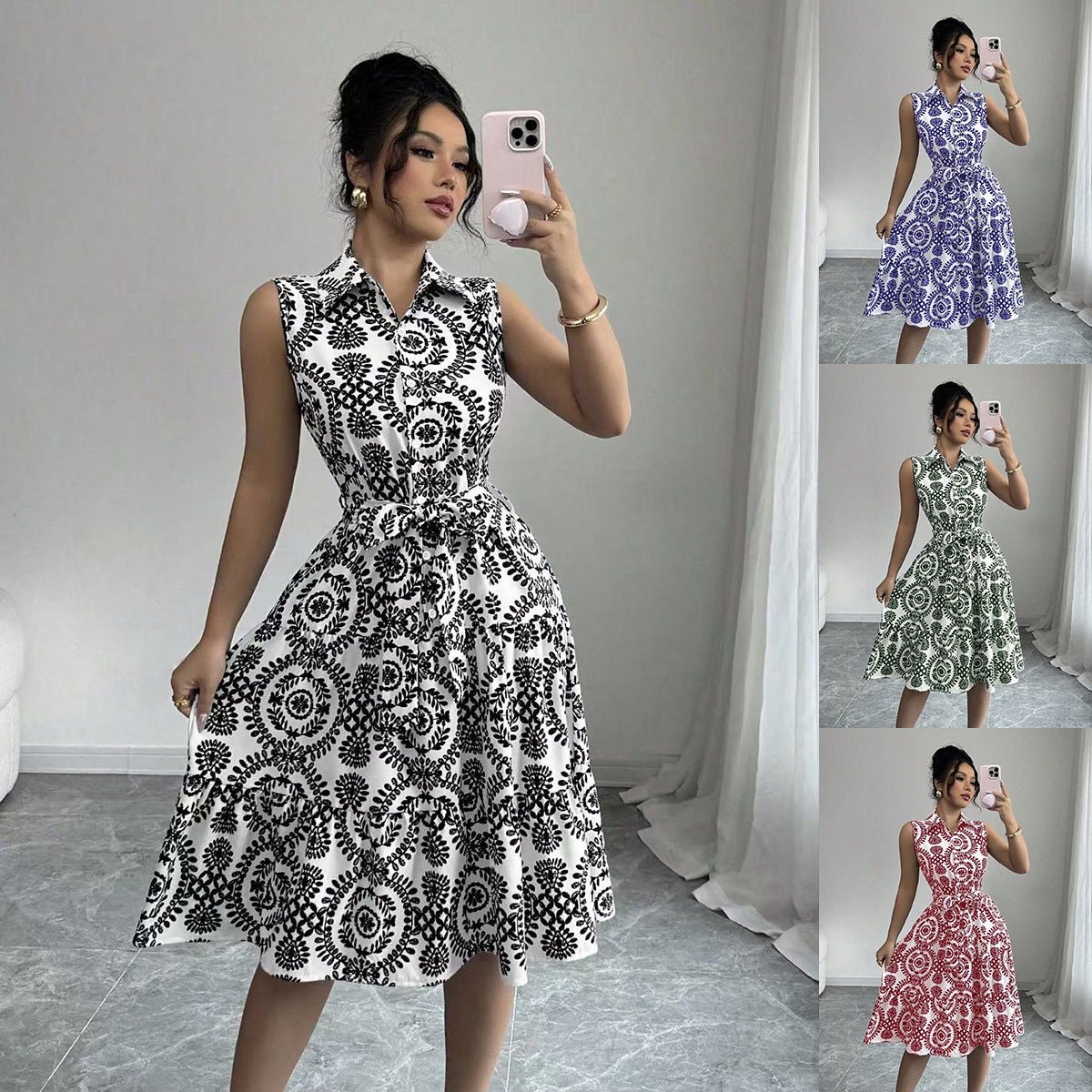 Stylish Printed Sleeveless Lace - Up Waist - Cinching Dress - LADYLINE X