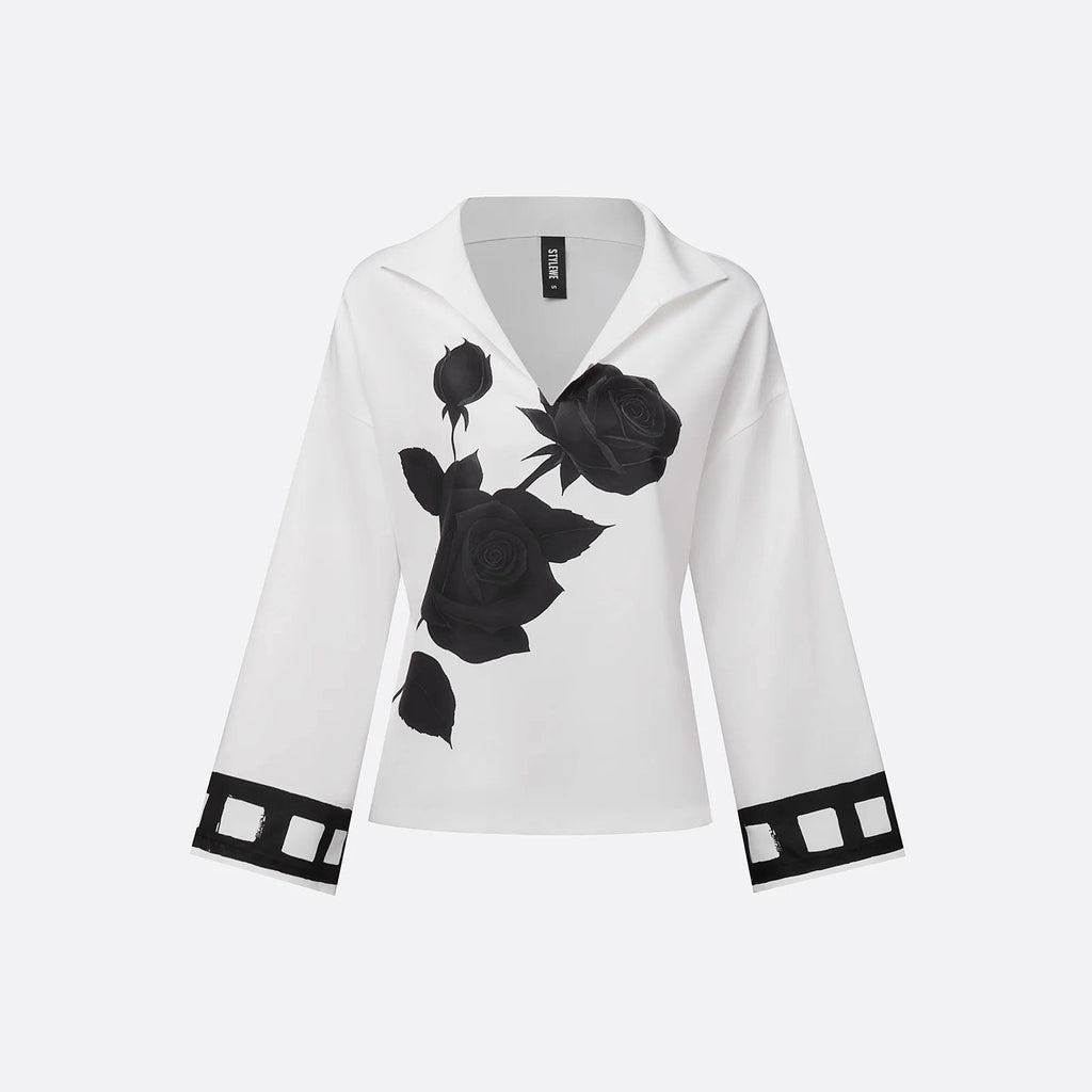 Stylish Relaxed - fit Womens T-shirt With A Stand - up Collar Long Sleeves And A Floral Print - LADYLINE X