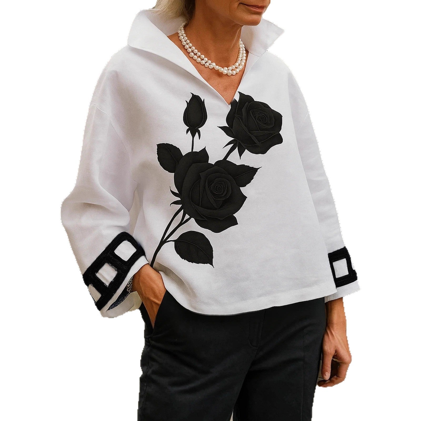 Stylish Relaxed - fit Womens T-shirt With A Stand - up Collar Long Sleeves And A Floral Print - LADYLINE X