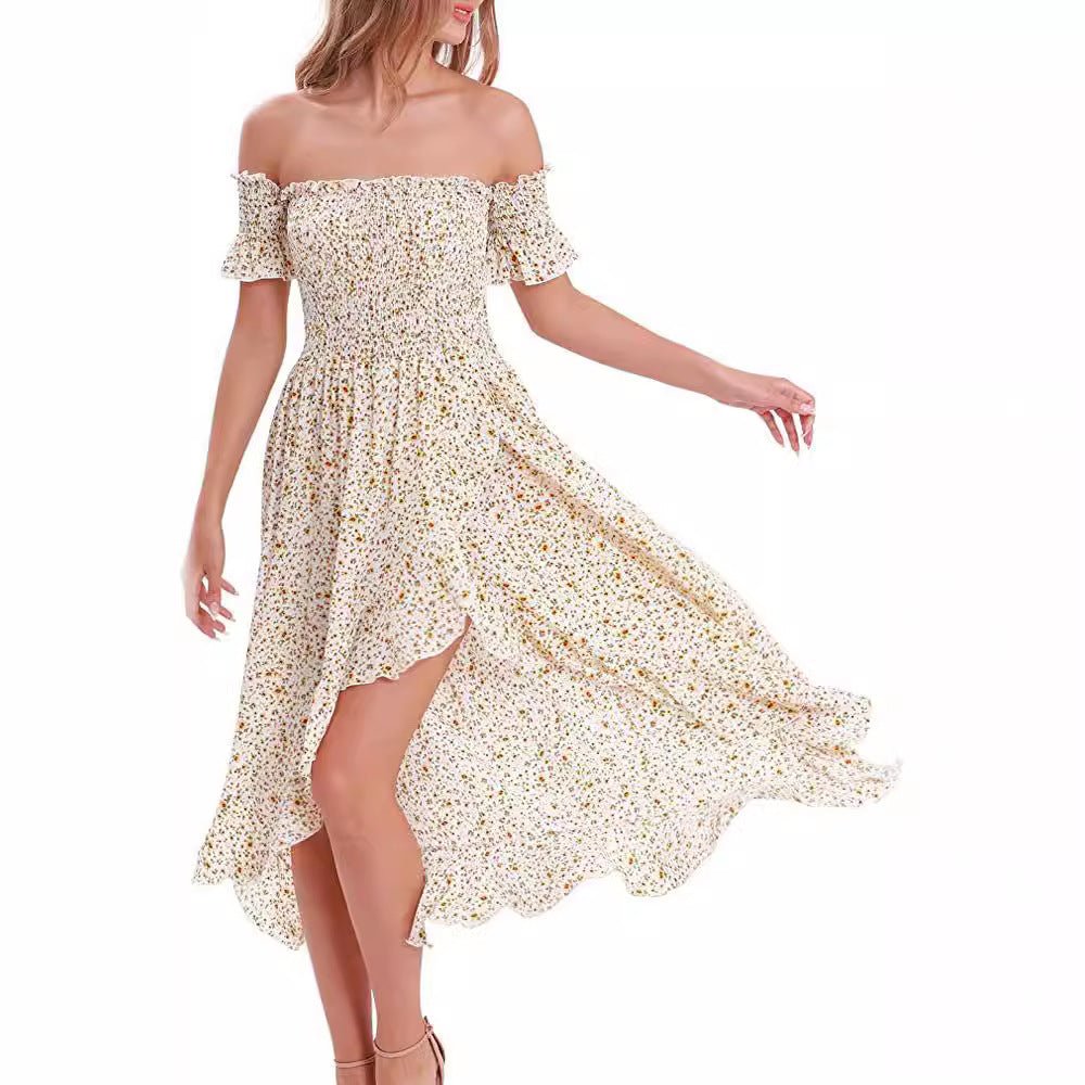 Summer Off Shoulder Bohemian Printed A Line Beach Dress - LADYLINE X