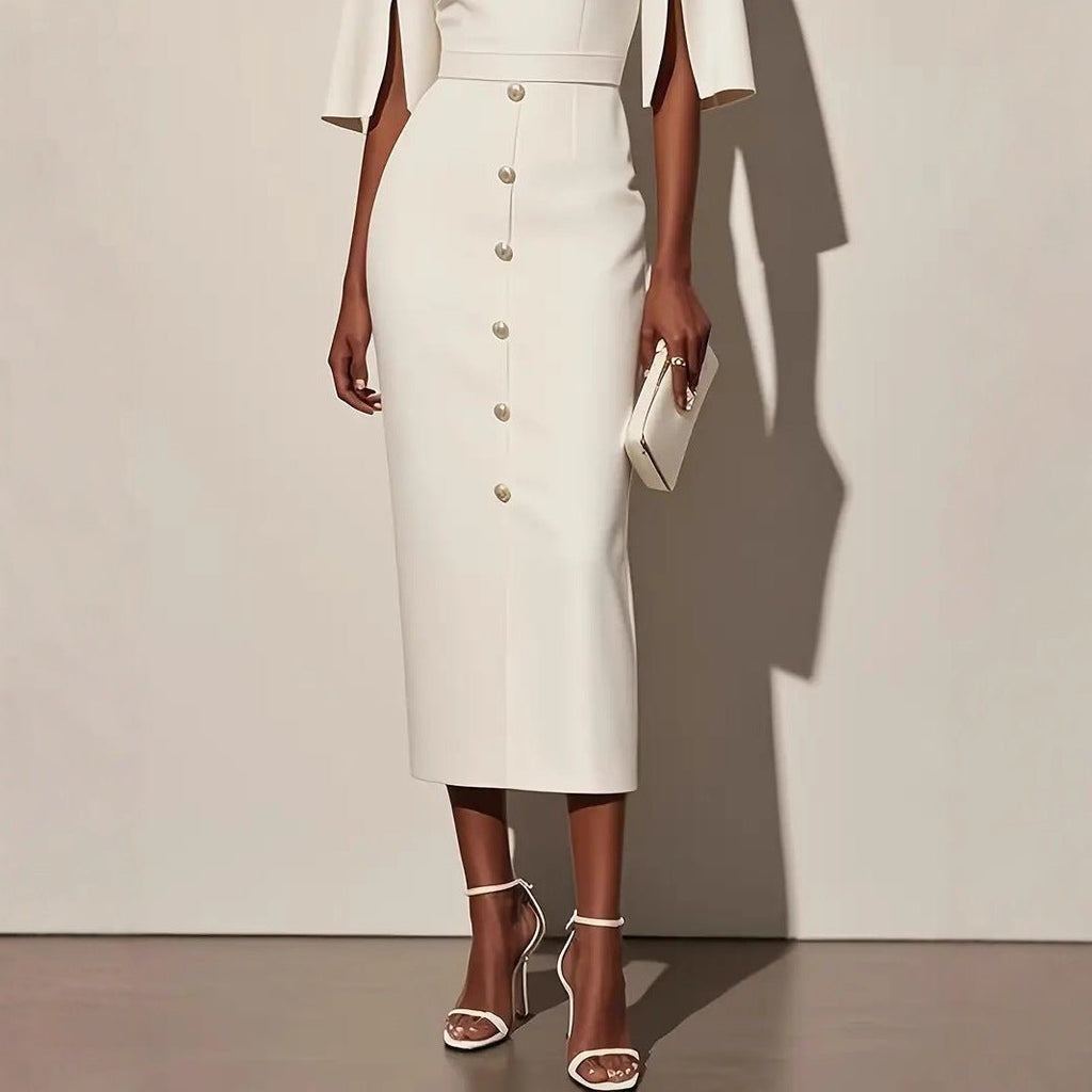 Summer Solid - Color Crew - Neck Defined - Waist Dress With Slit And Buttons - LADYLINE X